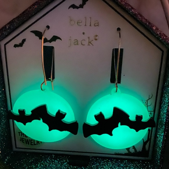 bella jack Jewelry - Bella Jack Bat Earrings Halloween Flying Moon Glow in the Dark 2.3” Chandelier